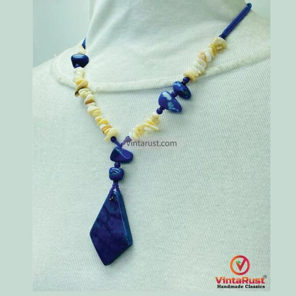 Lapis Lazuli Beaded Necklace with Natural Stone Pendant - Picture 5 of 8